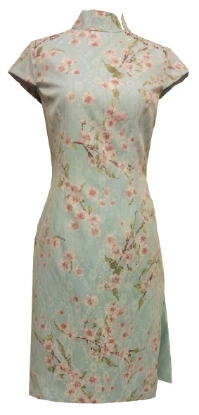 Jasmine Oriental Floral Cheong Sum - Blue Ground With Pink/white Floral Overlay With White Lace