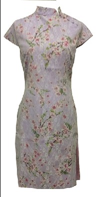 Jasmine Oriental Floral Cheong Sum - Lilac Ground with Pink/White Floral overlay with White Lace